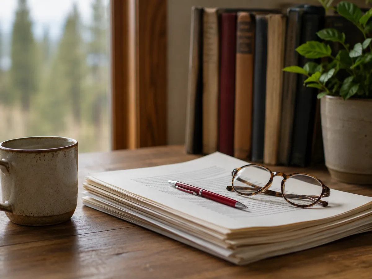 A thick stack of manuscript pages with a red pen and reading glasses resting on top