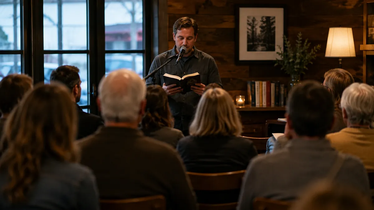 A person reading aloud from a book at a microphone to a small seated audience