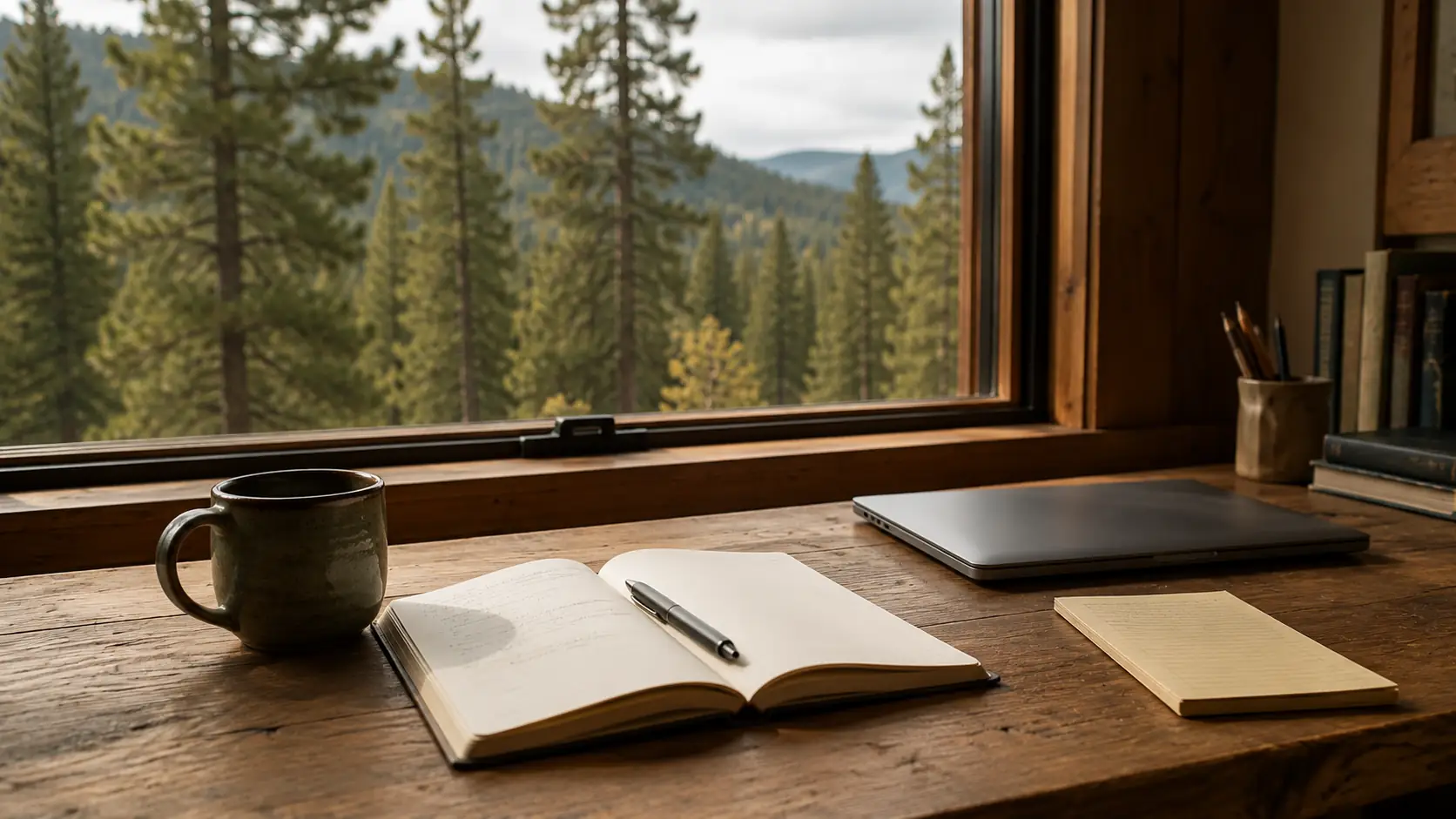 A writing desk at a window looking out to tall pines, an open notebook beside a closed laptop