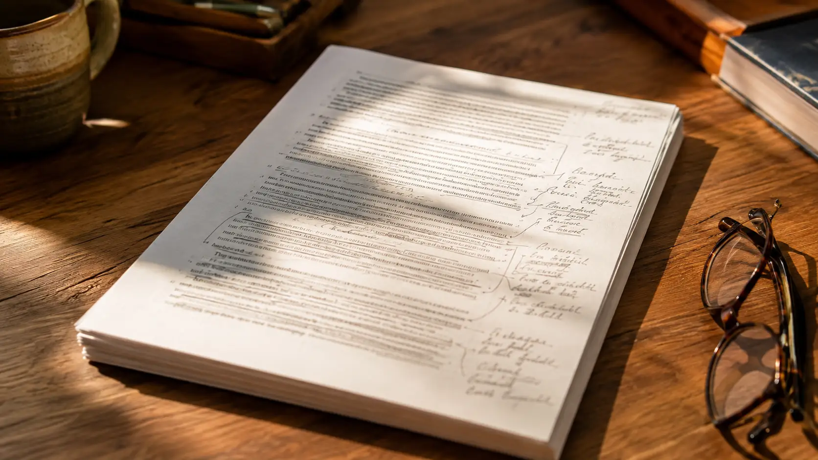 A printed manuscript open on a desk with handwritten notes in the margin and reading glasses beside it