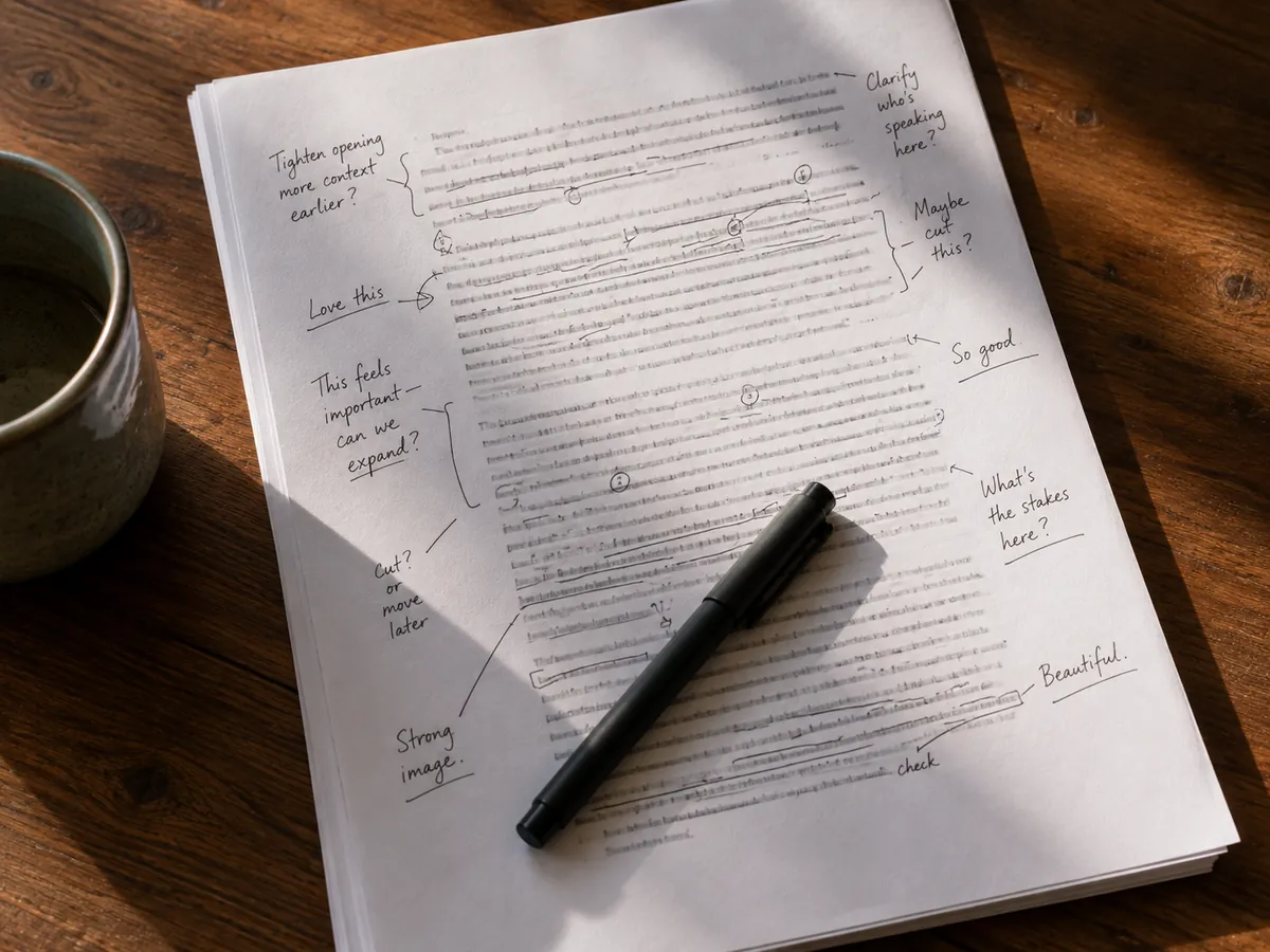 A manuscript page covered in handwritten editorial notes with a felt-tip pen resting across it