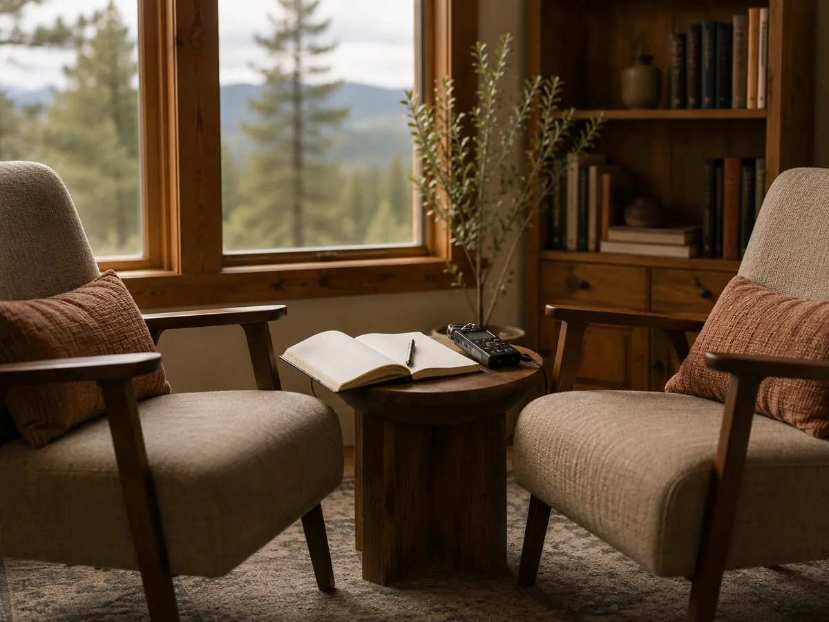 Two armchairs angled toward each other with a notebook and audio recorder between them